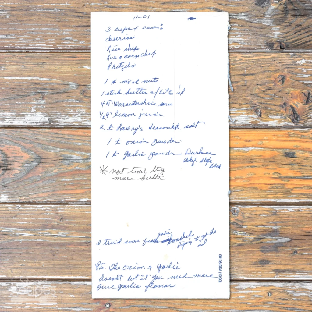 Handwritten recipe for Savory Snack Mix
