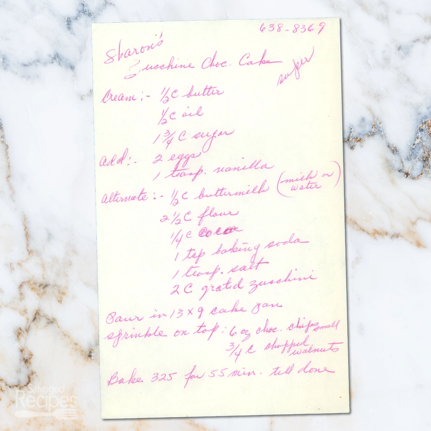 Handwritten recipe for Sharon’s Zucchini Chocolate Cake