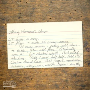 Handwritten recipe card for Shorty Leonard's Soup