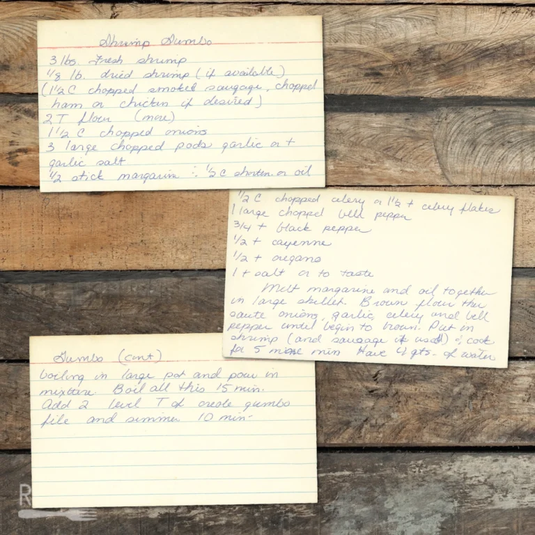 Handwritten recipe card for Shrimp Gumbo