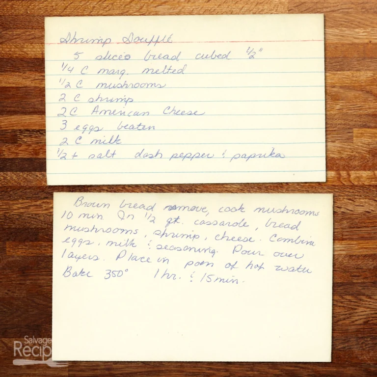Handwritten recipe card for Shrimp Soufflé