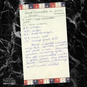 Handwritten recipe for Sliced Cucumber in Sour Cream