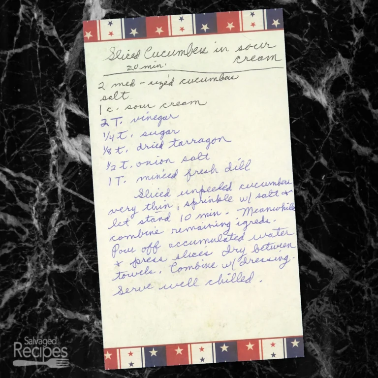 Handwritten recipe for Sliced Cucumber in Sour Cream