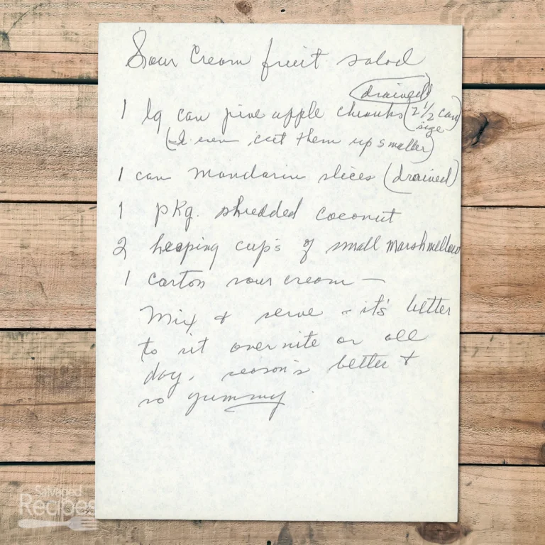 Handwritten recipe for Sour Cream Fruit Salad