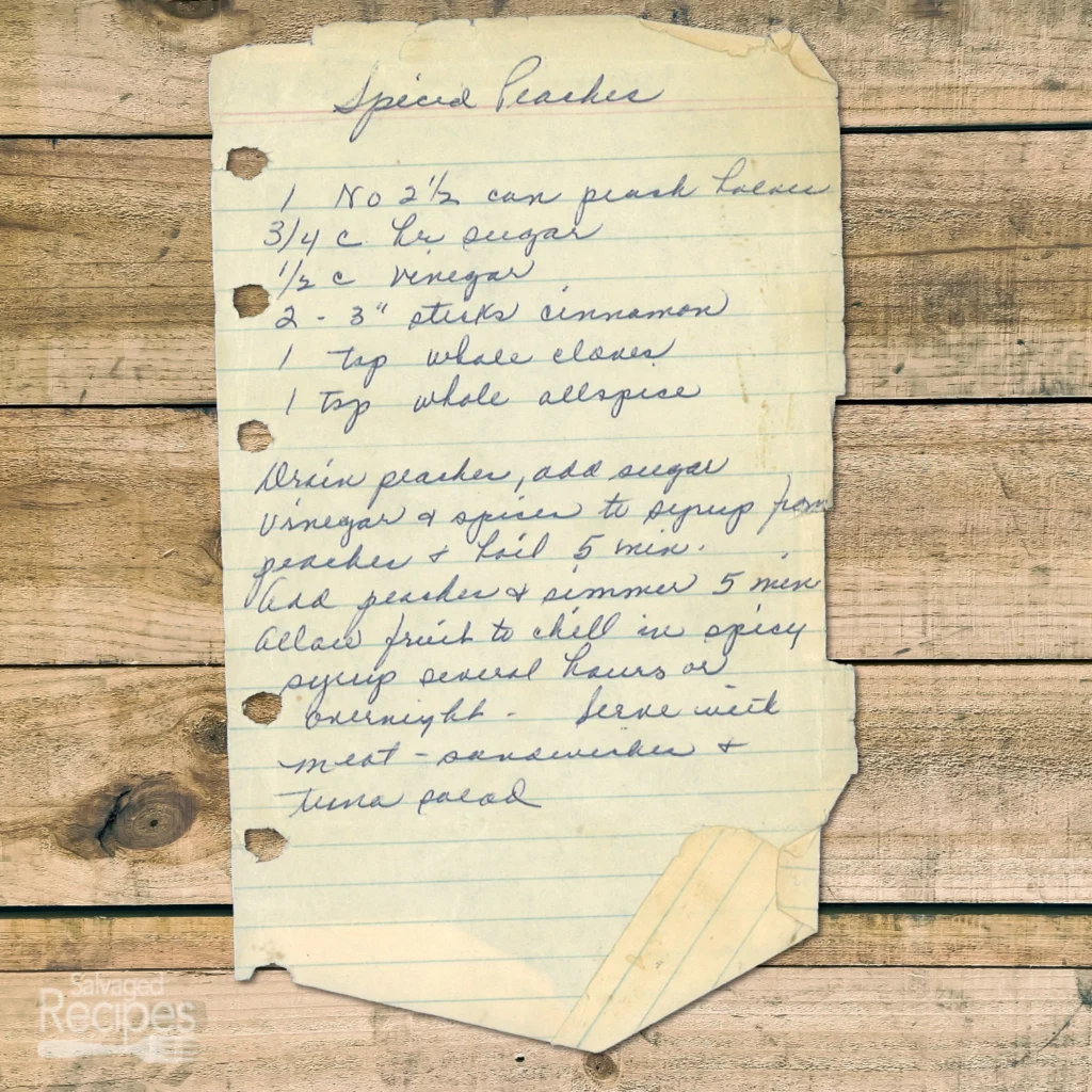 Handwritten recipe for Spiced Peaches