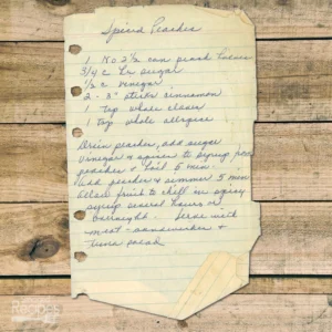 Handwritten recipe for Spiced Peaches