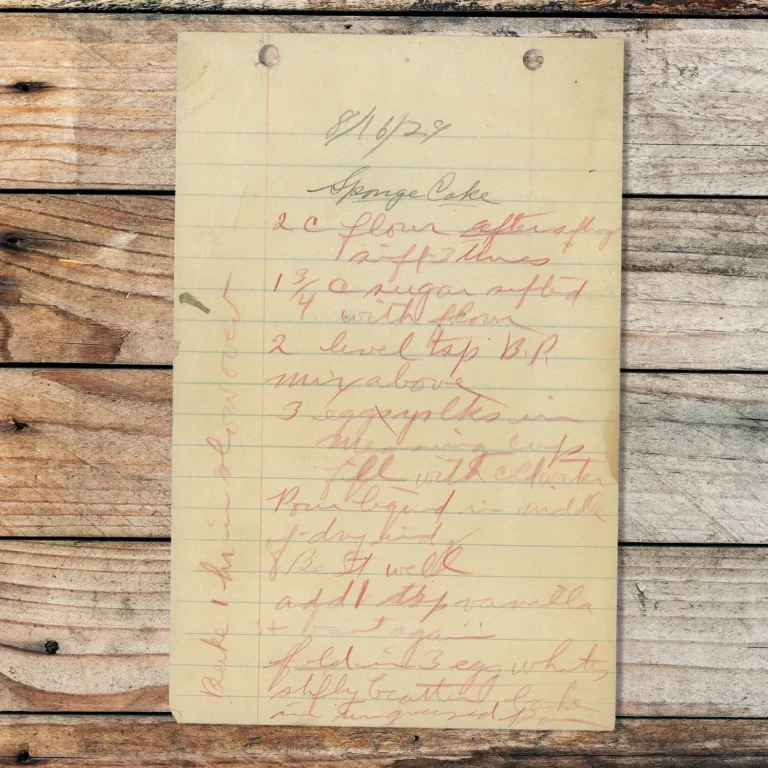 Handwritten recipe for Sponge Cake