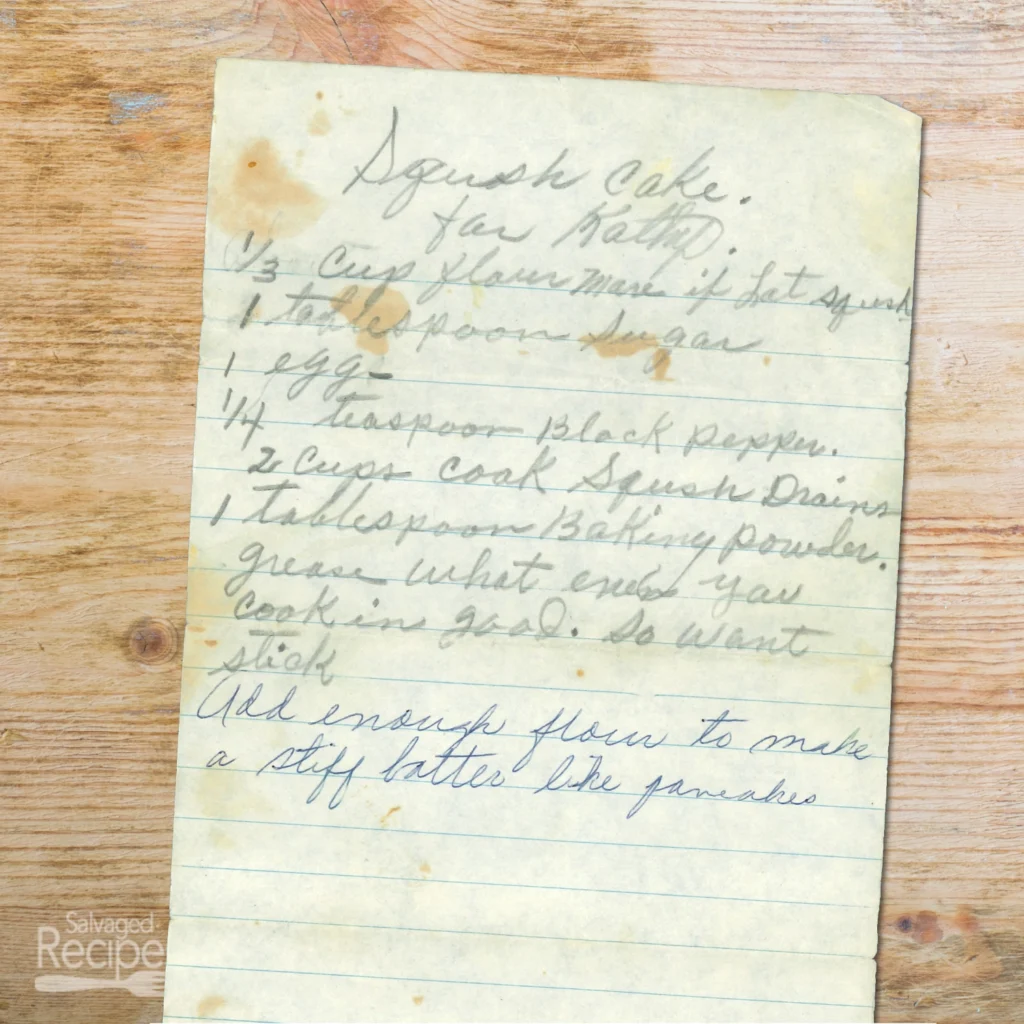 Handwritten recipe for Squash Cake from Kathy