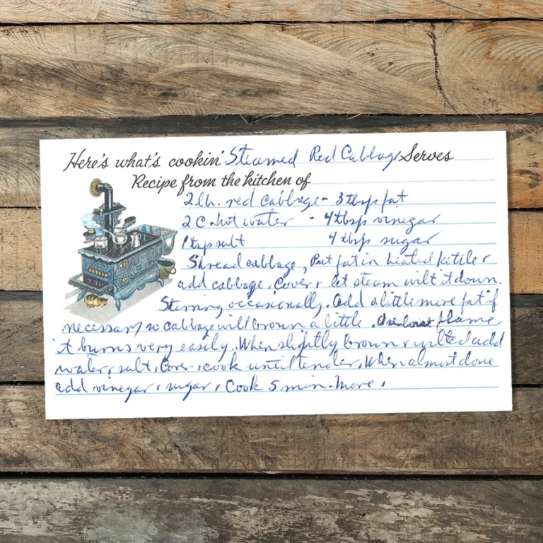 Handwritten recipe card for Steamed Red Cabbage
