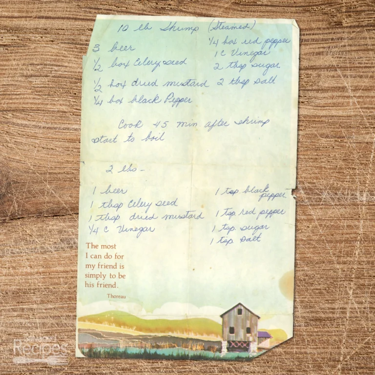 Handwritten recipe for Steamed Shrimp with Beer and Spices