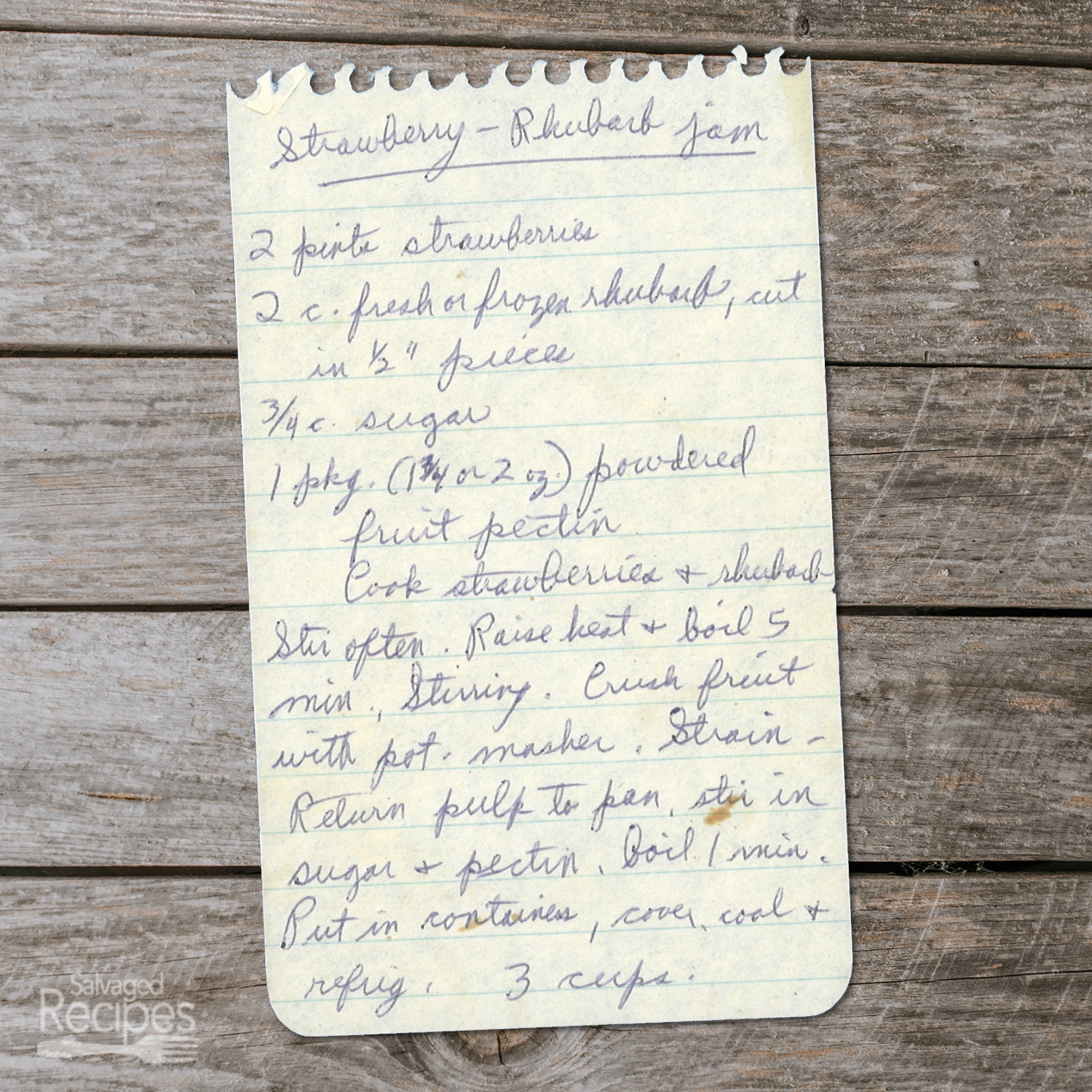 Handwritten recipe for Strawberry-Rhubarb Jam