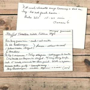Handwritten recipe card for Stuffed Tomatoes MIddle Eastern Style