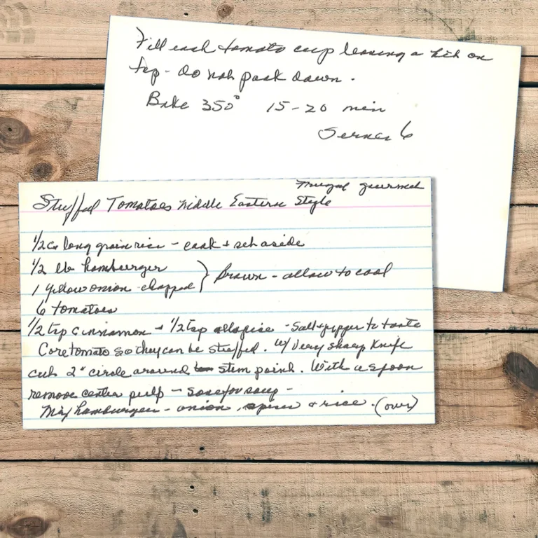 Handwritten recipe card for Stuffed Tomatoes MIddle Eastern Style