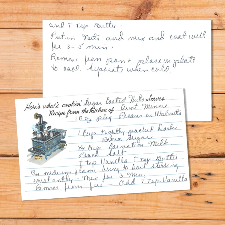 Handwritten recipe card for Sugar Coated Nuts