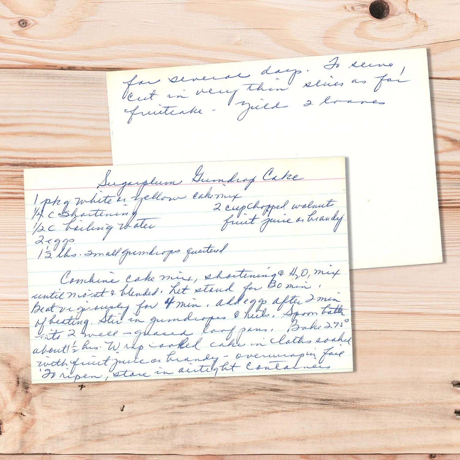 HAndwritten recipe card for Sugar Plum Gumdrop Cake