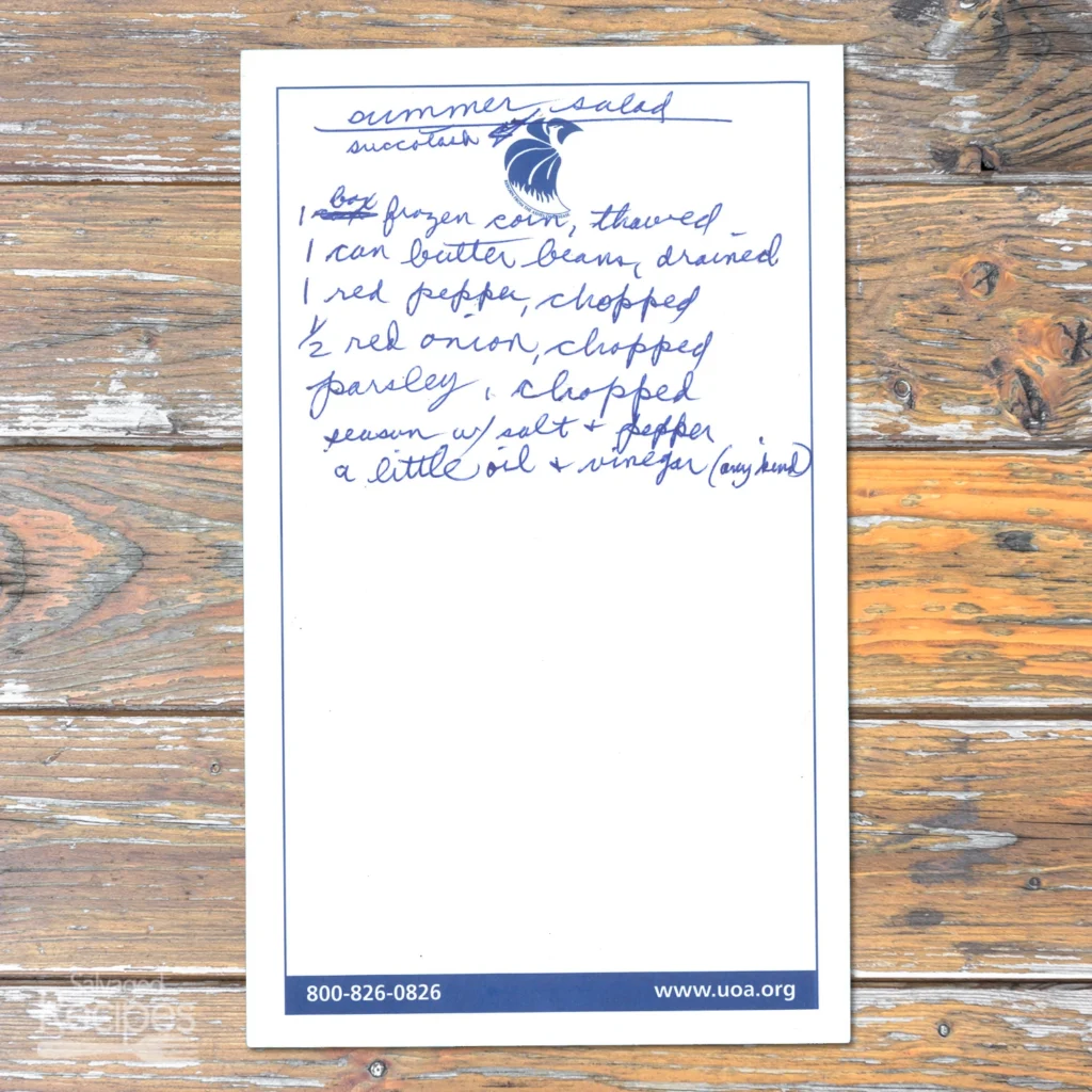Handwritten recipe for Summer Salad Succotash