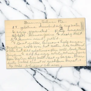Handwritten recipe card for Sunny Silver Pie