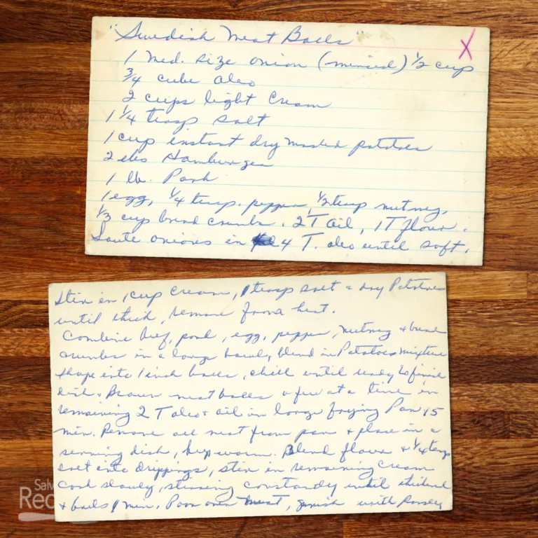 Handwritten recipe card for Swedish Meatballs