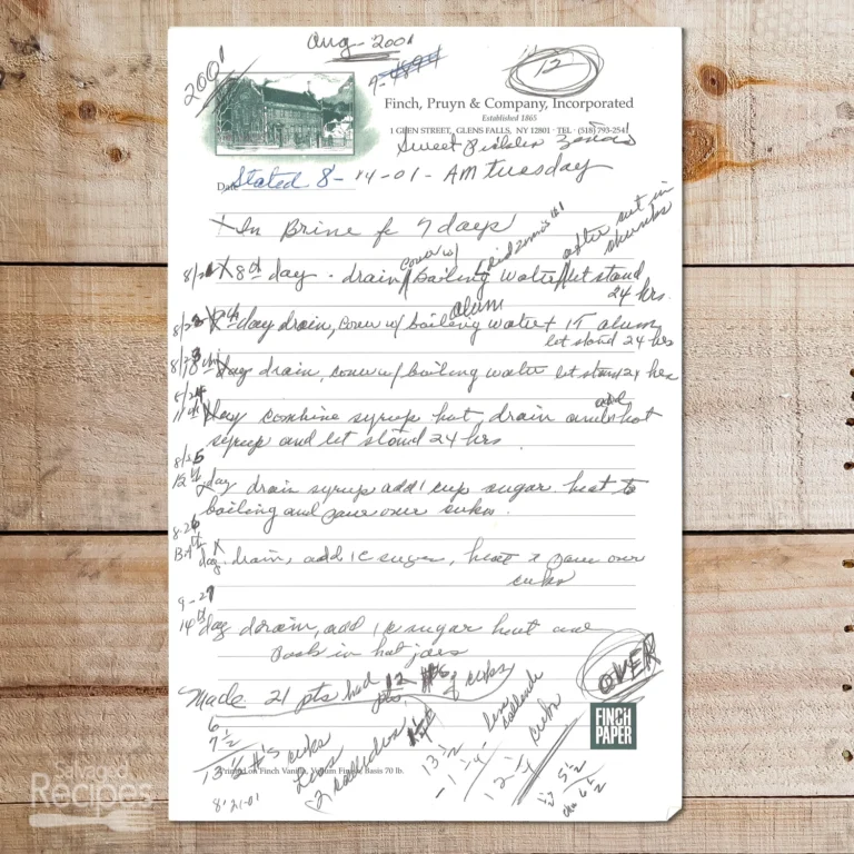 Handwritten recipe for Sweet Pickles