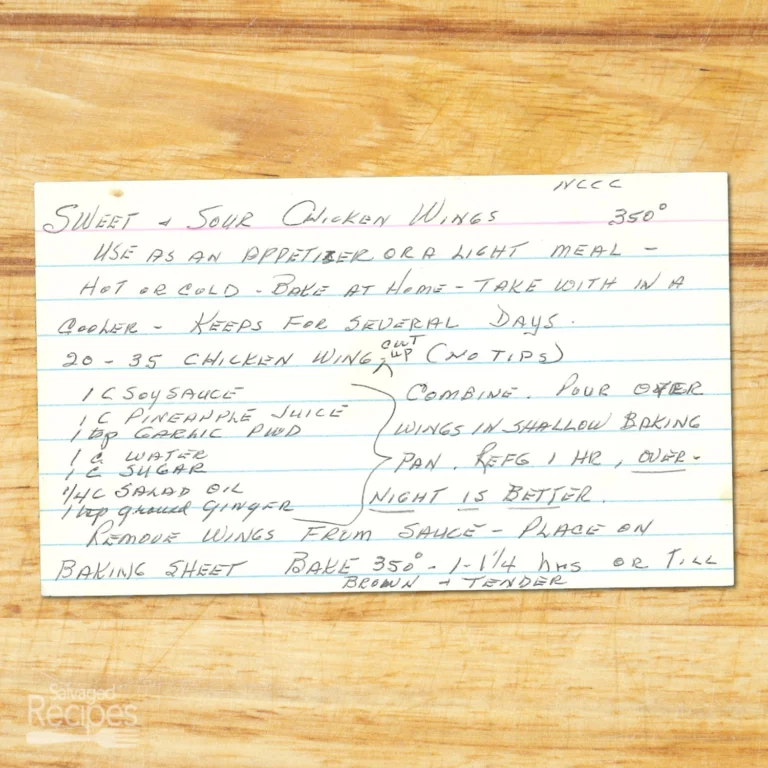 Handwritten recipe card for Sweet & Sour Chicken Wings