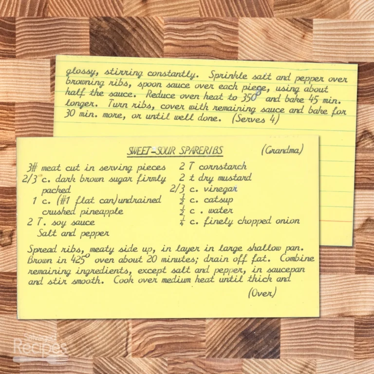 Typed recipe card for Sweet & Sour Spare Ribs from Grandma