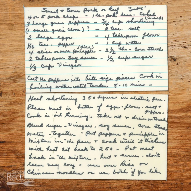 Handwritten recipe card for Sweet and Sour Pork