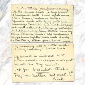 Handwritten recipe card for Swiss Steak with Mushroom Gravy