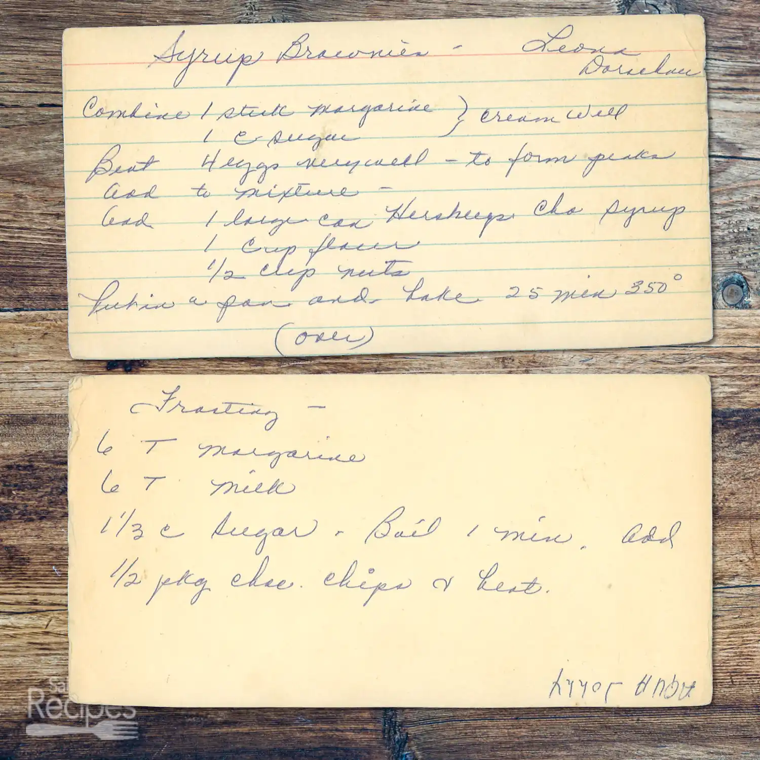 Handwritten recipe card for Syrup Brownies