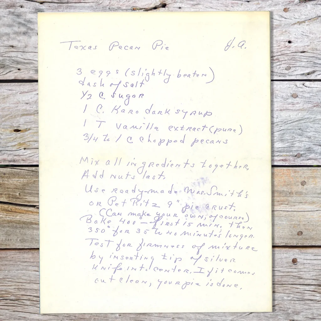 Handwritten recipe for Texas Pecan Pie