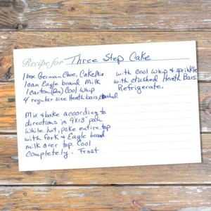 Handwritten recipe card for Three Step Cake