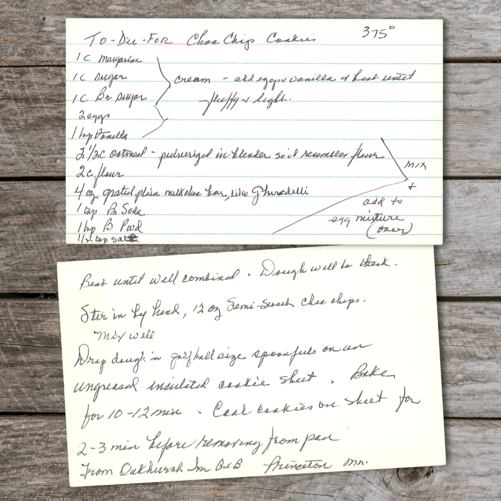 Handwritten recipe card for To-Die-For Chocolate Chip Cookies