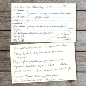 Handwritten recipe card for To-Die-For Chocolate Chip Cookies