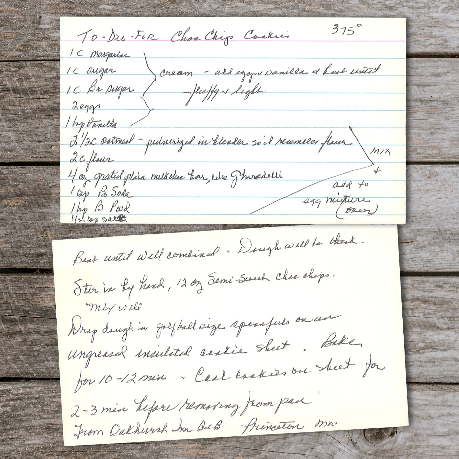 Handwritten recipe card for To-Die-For Chocolate Chip Cookies