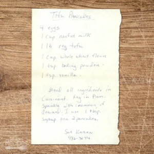 Handwritten recipe for Tofu Pancakes