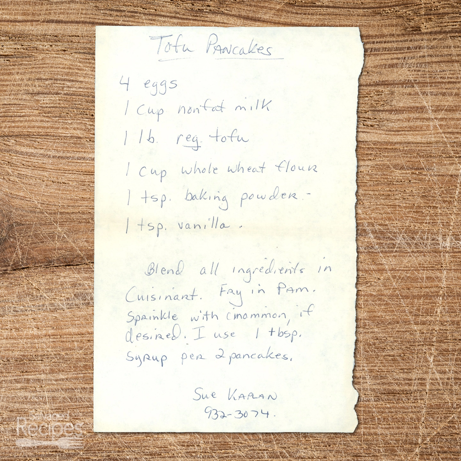 Handwritten recipe for Tofu Pancakes