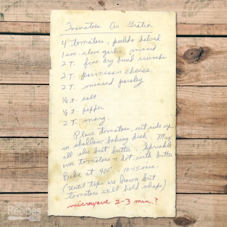 Handwritten recipe for Tomatoes au Gratin