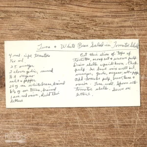 Handwritten recipe for Tuna and White Bean Salad in Tomato Shells