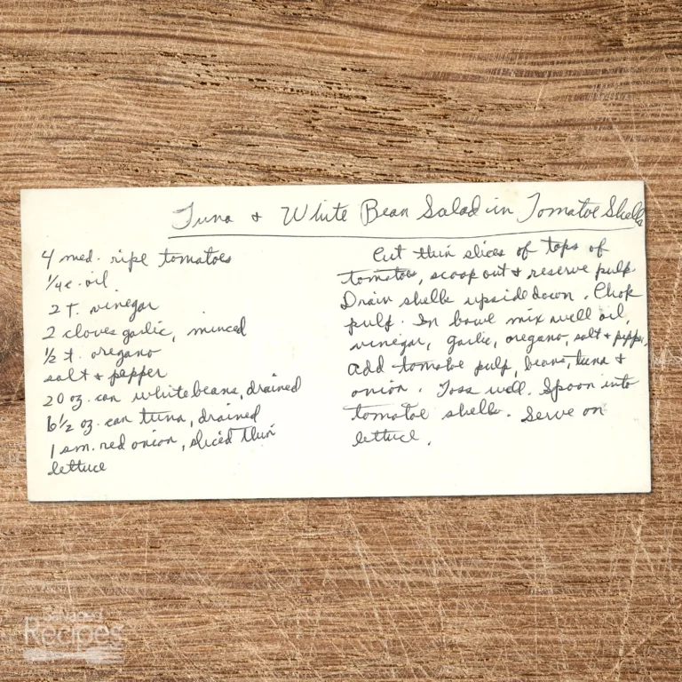 Handwritten recipe for Tuna and White Bean Salad in Tomato Shells