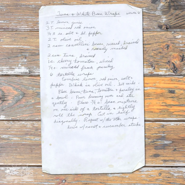 Handwritten recipe for Tuna and White Bean Wraps
