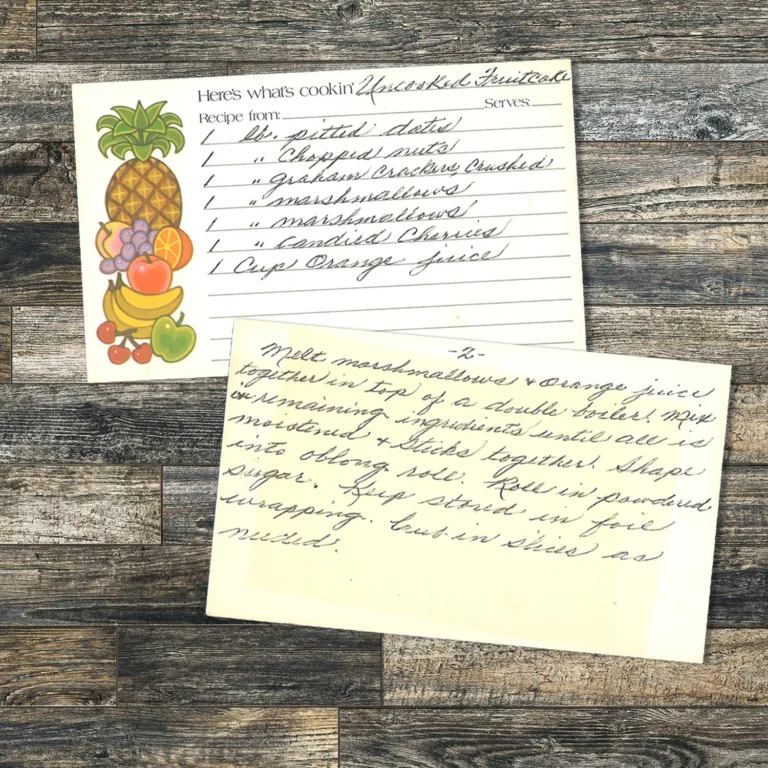 Handwritten recipe card for Uncooked Fruit Cake