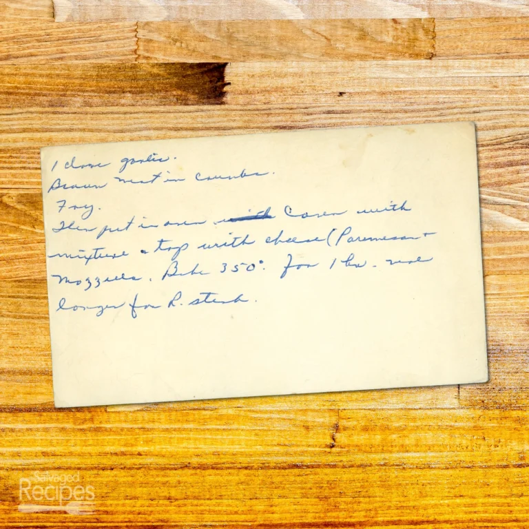 Handwritten recipe card for Veal or Round Steak Parmiggiani