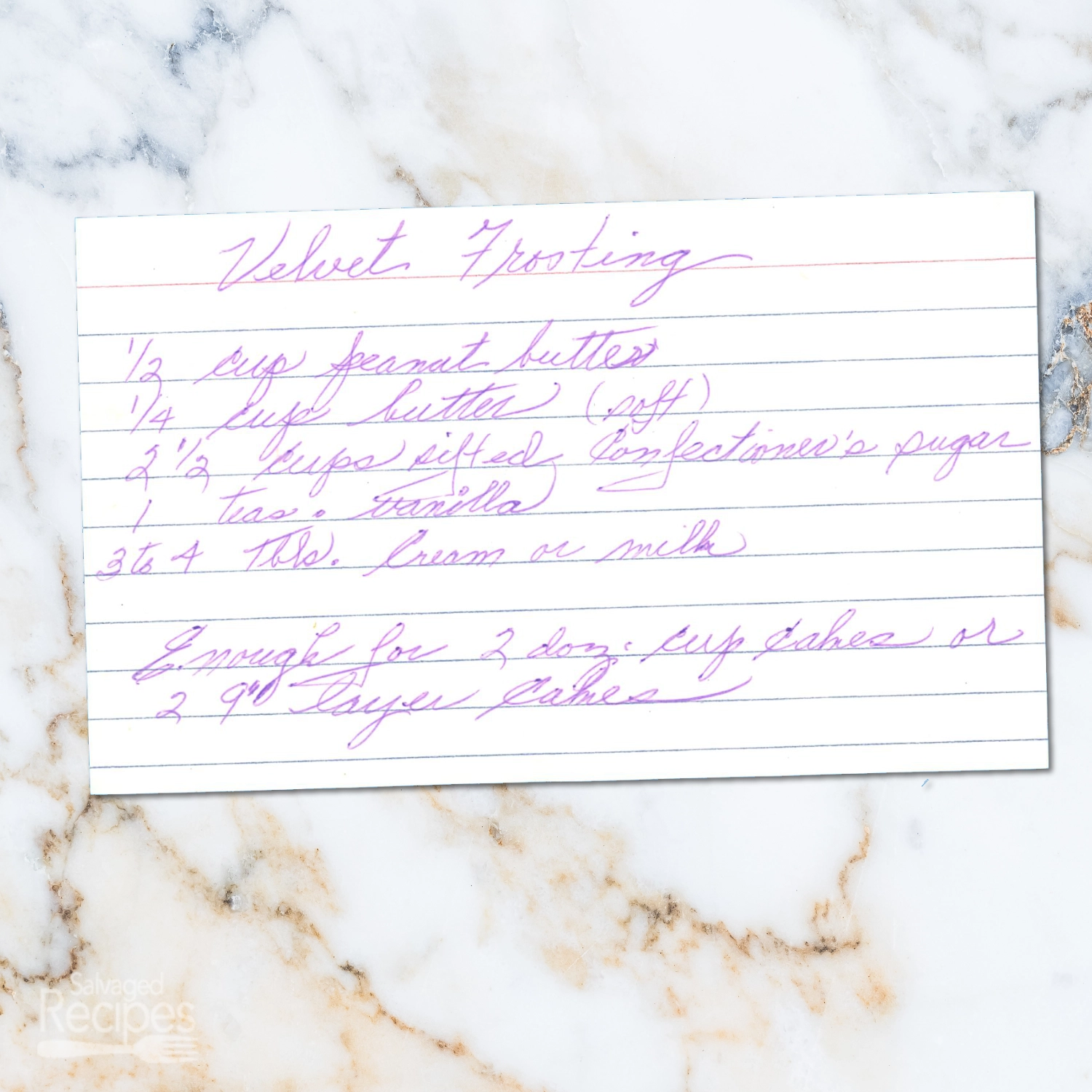 Handwritten recipe card for Velvet Frosting