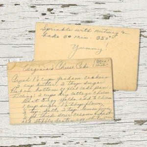 Handwritten recipe card for Virginia's Cheesecake