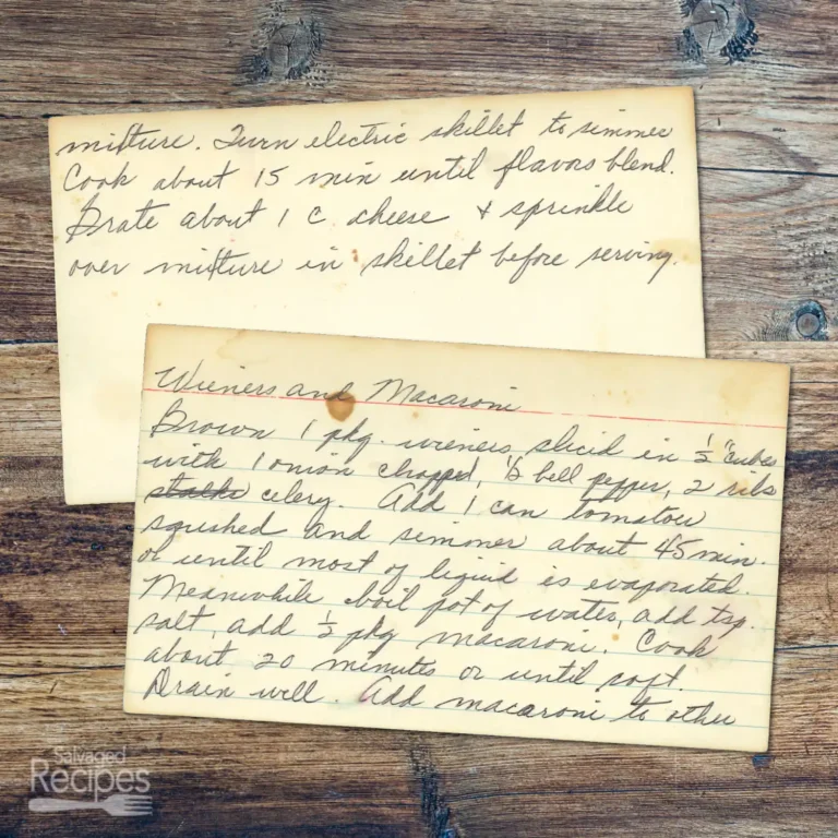 Handwritten recipe card for Wieners and Macaroni