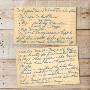 Handwritten recipe card for Whipped Cream Cake