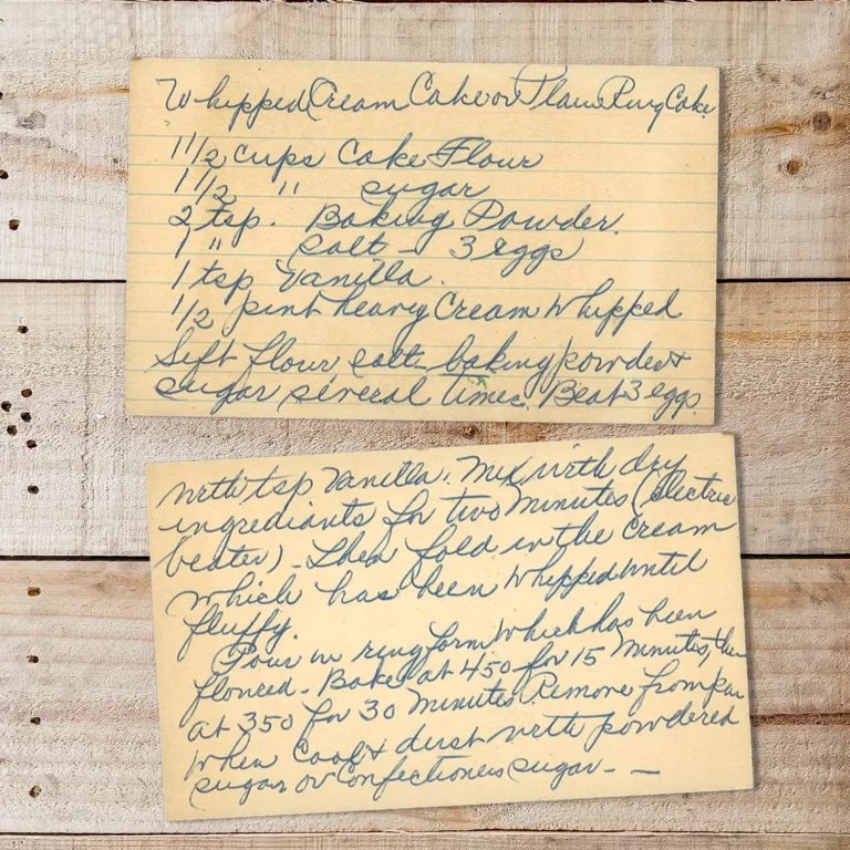 Handwritten recipe card for Whipped Cream Cake