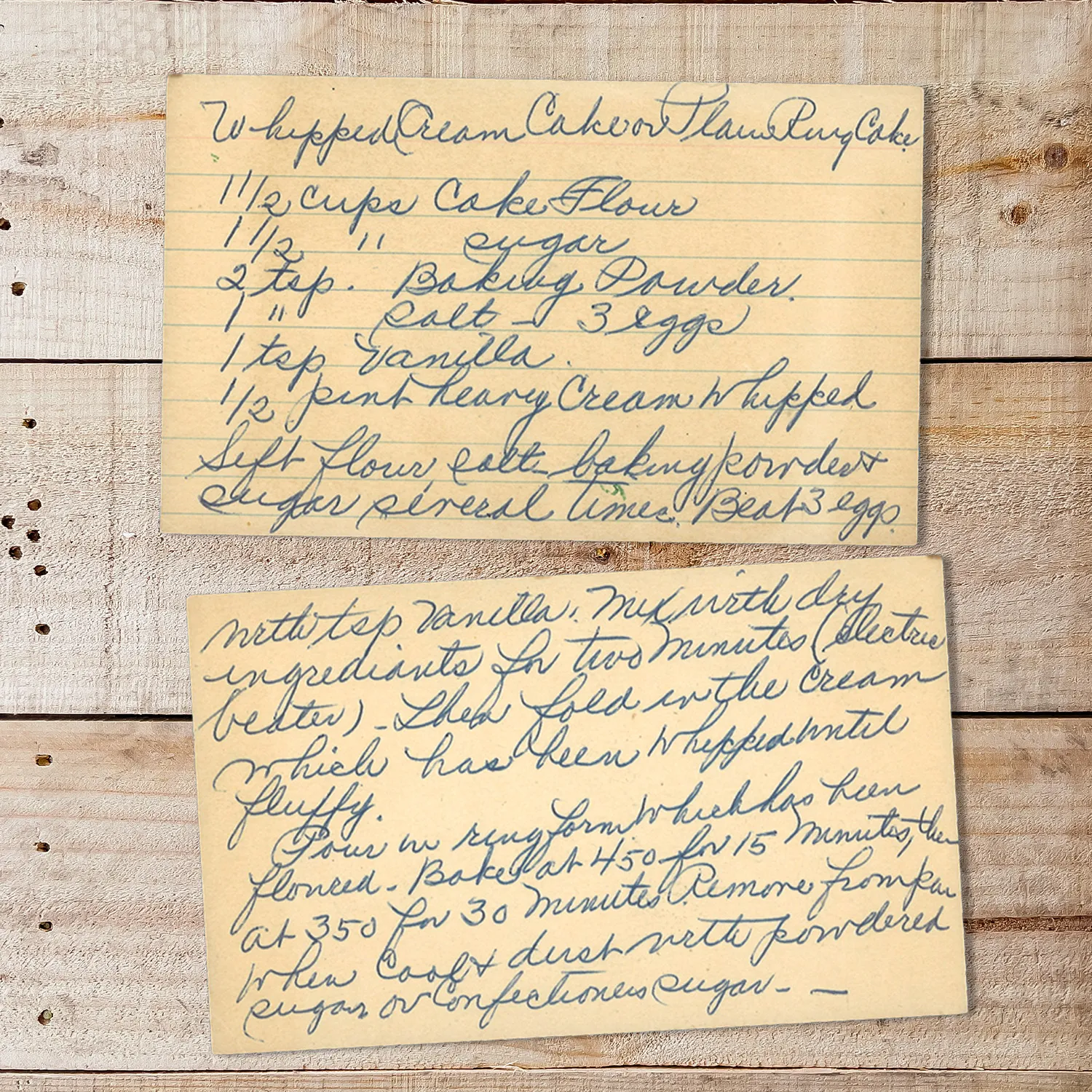 Handwritten recipe card for Whipped Cream Cake