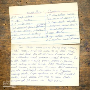 Handwritten recipe card for Wild Rice and Oysters