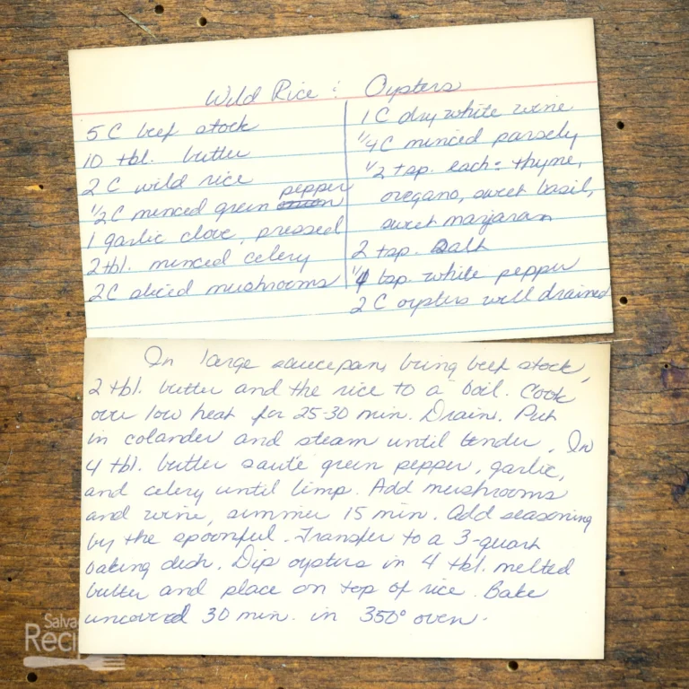 Handwritten recipe card for Wild Rice and Oysters