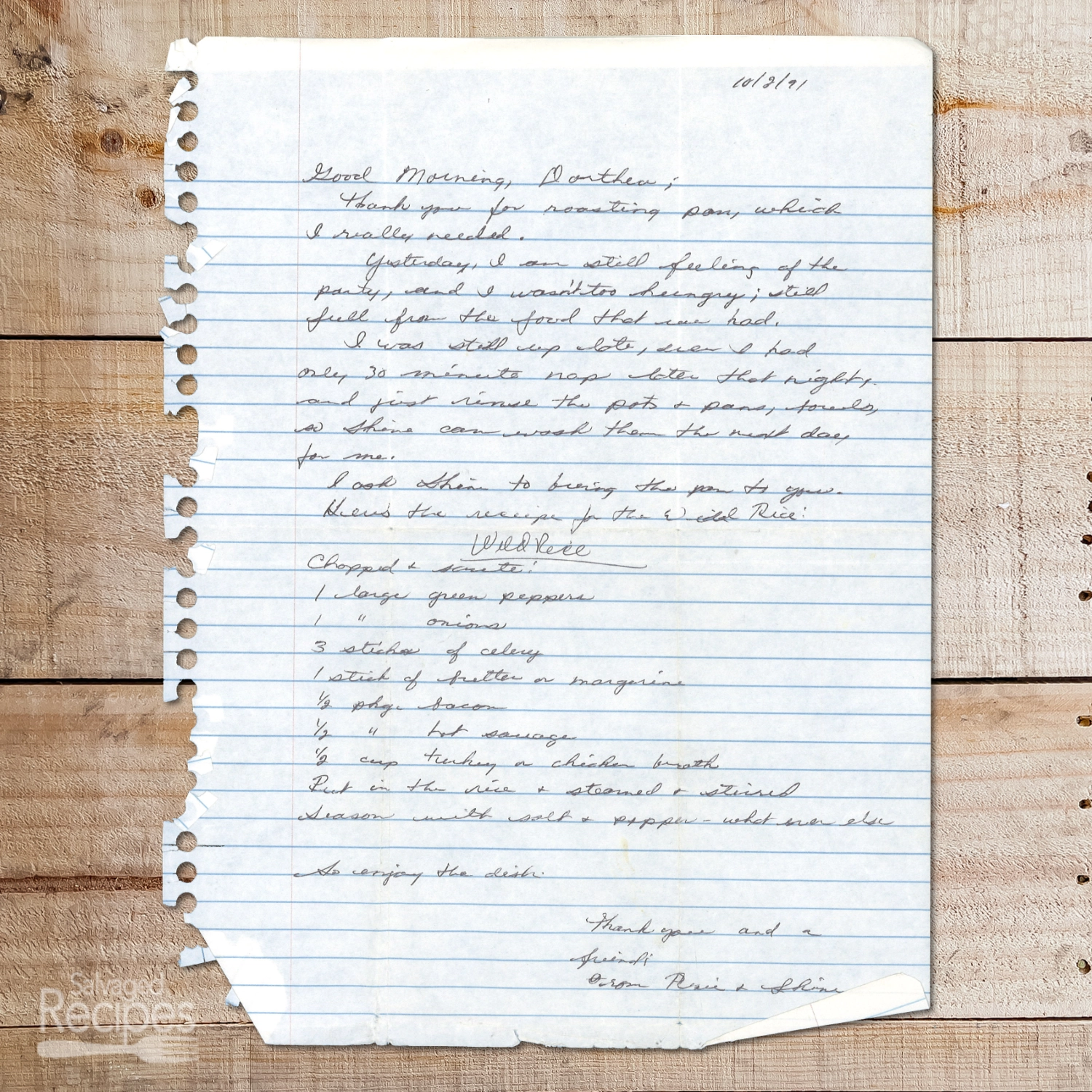 Handwritten recipe for Wild Rice